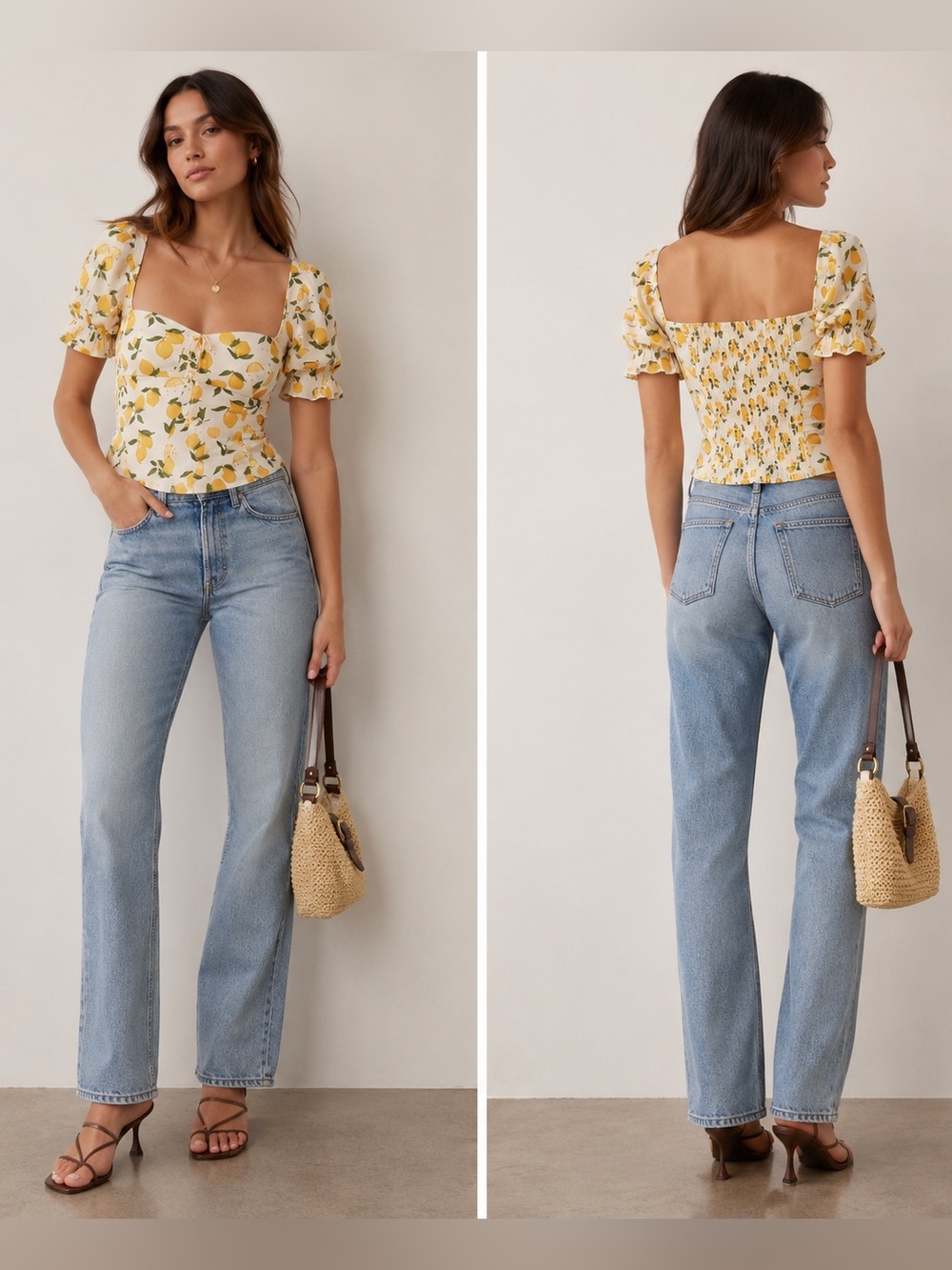 Reformation Delevan Top Size 10 Ivory Lemon Print Sweetheart Puff Sleeve Smocked